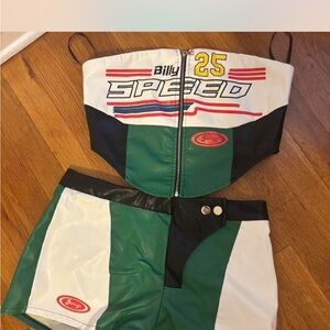 Green and White Racing Crop Top and Shorts Set